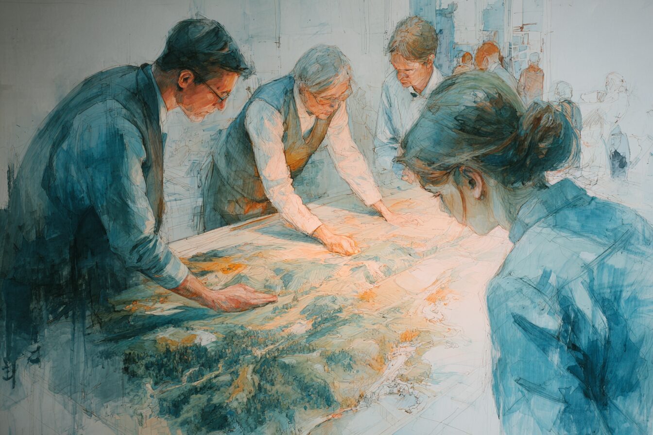 Four gestural figures around a shared model of a landscape, four beams of light converging on the same terrain from different directions