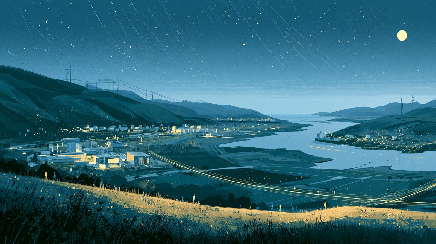 A night landscape of towns, a port, energy lines and transport corridors with a faint luminous neural layer of light woven through and above it, connecting every system