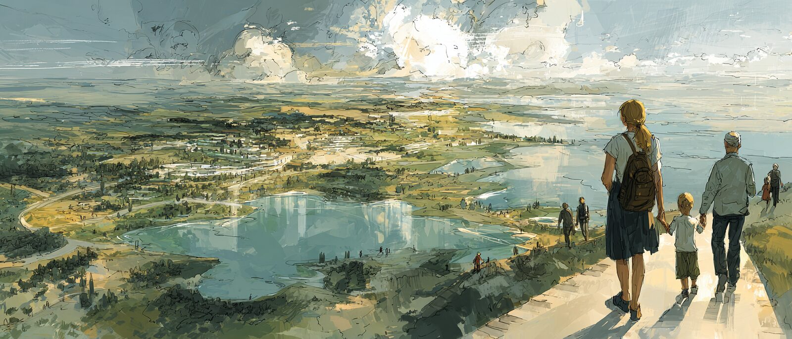 A wide hopeful view at golden hour of an integrated landscape working as one, with small figures of different generations looking out across it