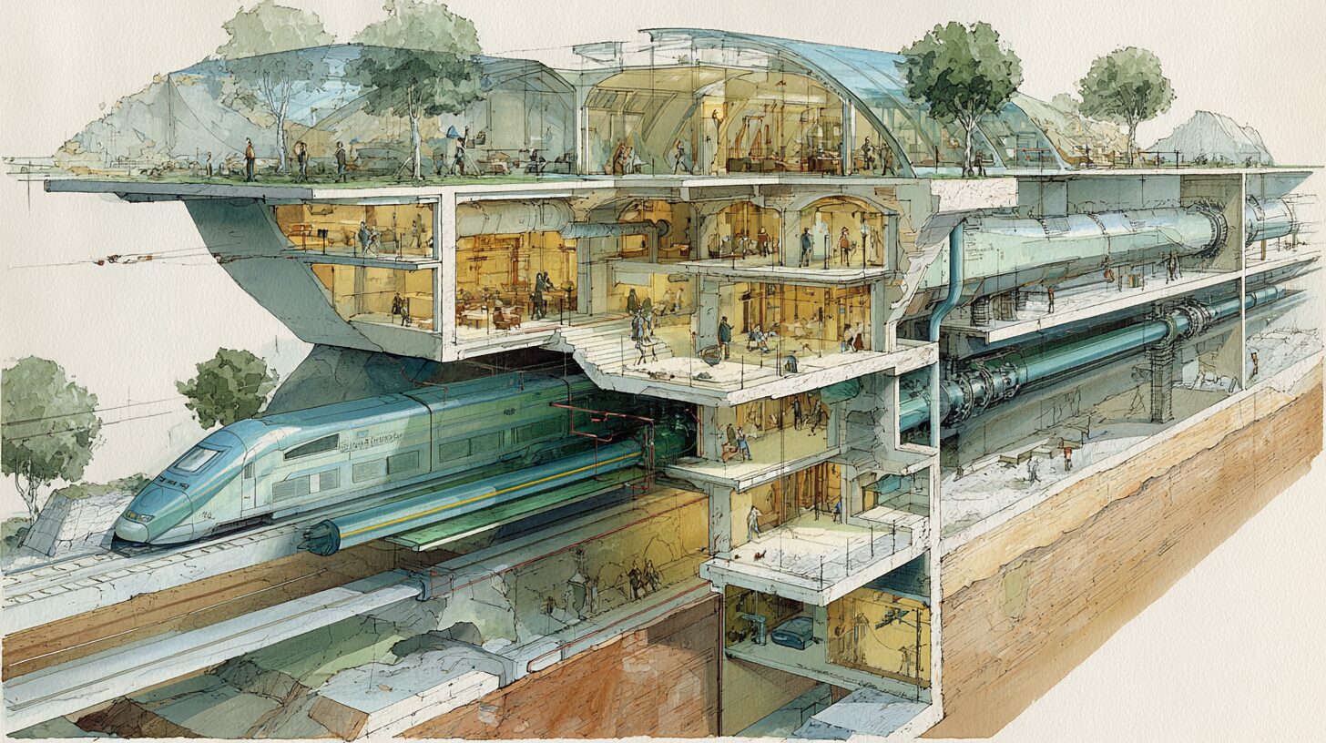 A cutaway cross-section of a single engineered trench: a high-speed railway on its floor with power culverts, fibre ducts, a water-transfer main and carbon-capture pipes bundled into the same cut, earth strata above