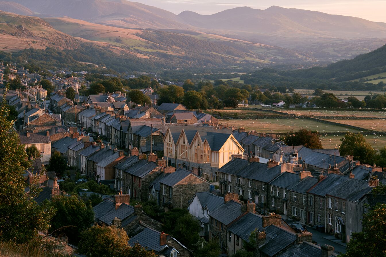 A small Welsh town at golden hour seen from the hillside: stone houses, a few new timber-framed homes under construction among them, sheep fields and dry-stone walls just beyond the last row, mountains behind