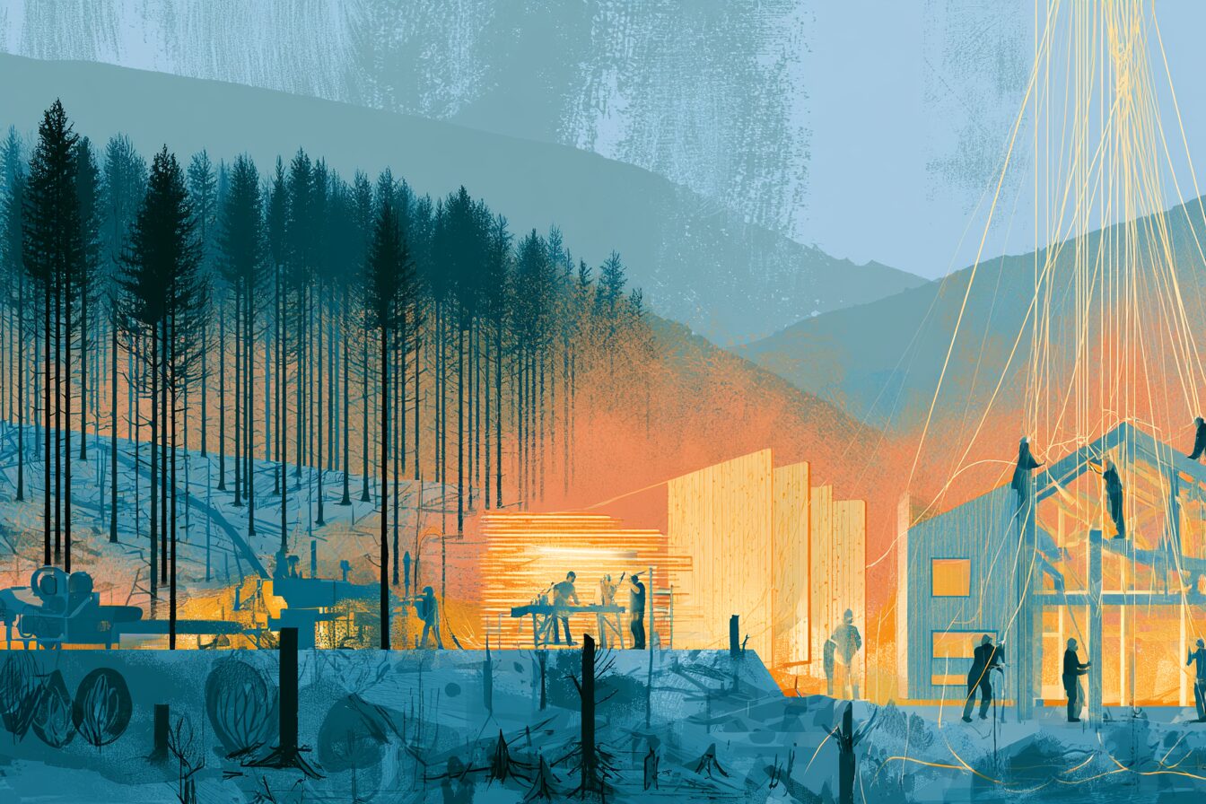 A montage-like single scene of a Welsh timber value chain: a managed forest, a sawmill, a workshop fabricating cross-laminated timber panels, and a timber-framed house being raised, connected as one flow