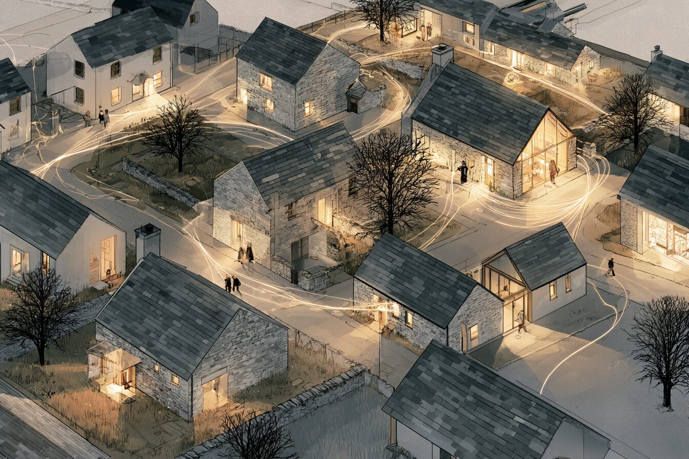 A warm illustration of a chain of linked moves in a town: an older couple moving into a smaller home, a young family taking the freed-up house, children walking to school, threads connecting the homes to a school, a workplace and a shop