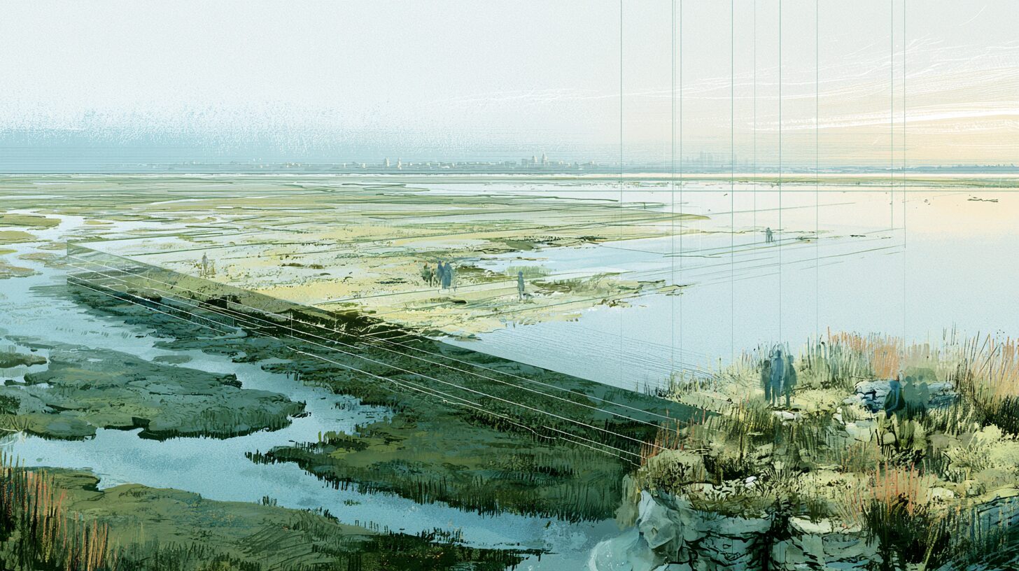 A tidal estuary at dawn shown in cross-section, with faint lines marking where the shoreline once sat and where the tide will reach in a century