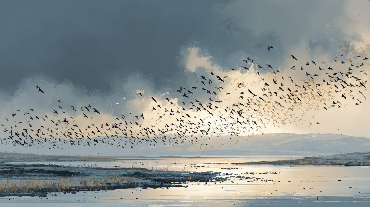 A vast flock of wading birds lifting from a shadowed feeding ground toward a brighter one catching the low gold sun