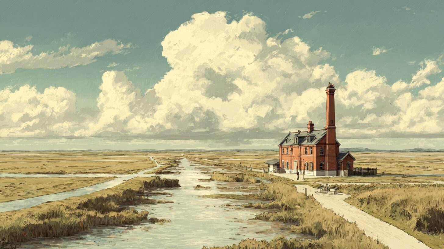 A flat Fenland landscape under an enormous sky: straight drainage channels, embankments and a lone Victorian brick pumping station