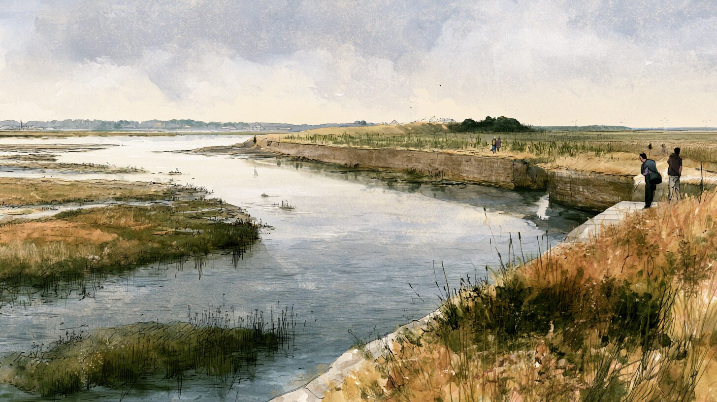 A deliberately breached earth embankment on a farmland edge, the tide flowing gently back to form new salt marsh, with a new defence set further inland