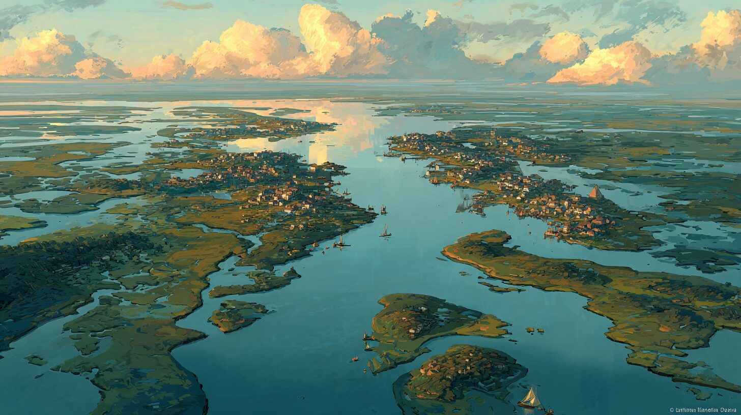 An aerial view of a vast low-lying river delta at golden hour, threaded with channels, stilted homes, causeways and small boats