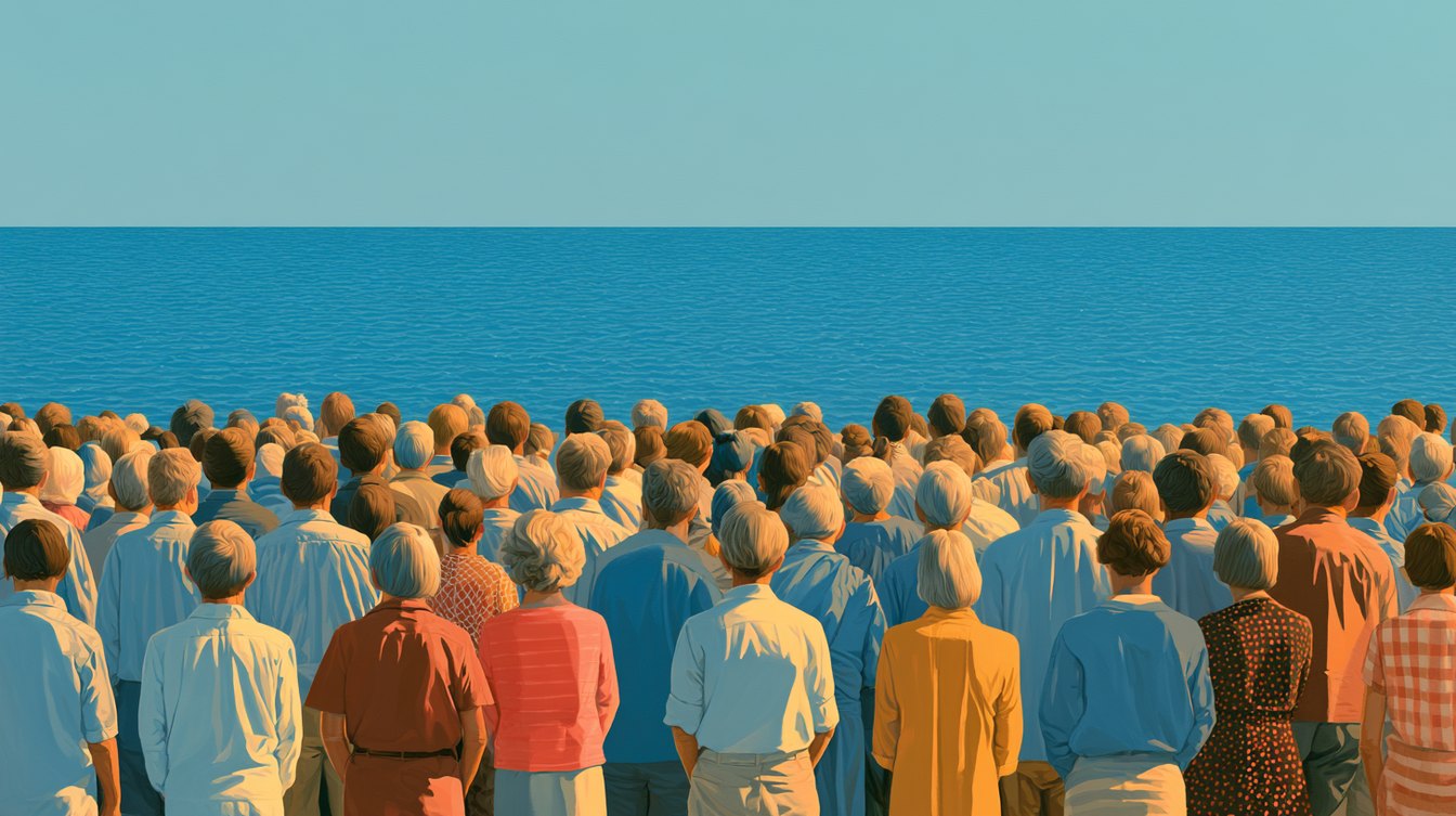 A large crowd of people, seen from behind, standing on a shore and looking out at a calm open sea under a clear sky