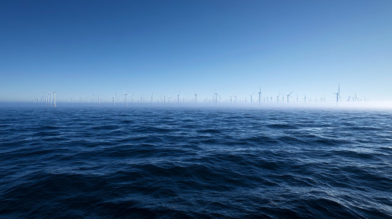 A horizon of offshore wind turbines standing quietly across the deep blue Pacific, no land in sight