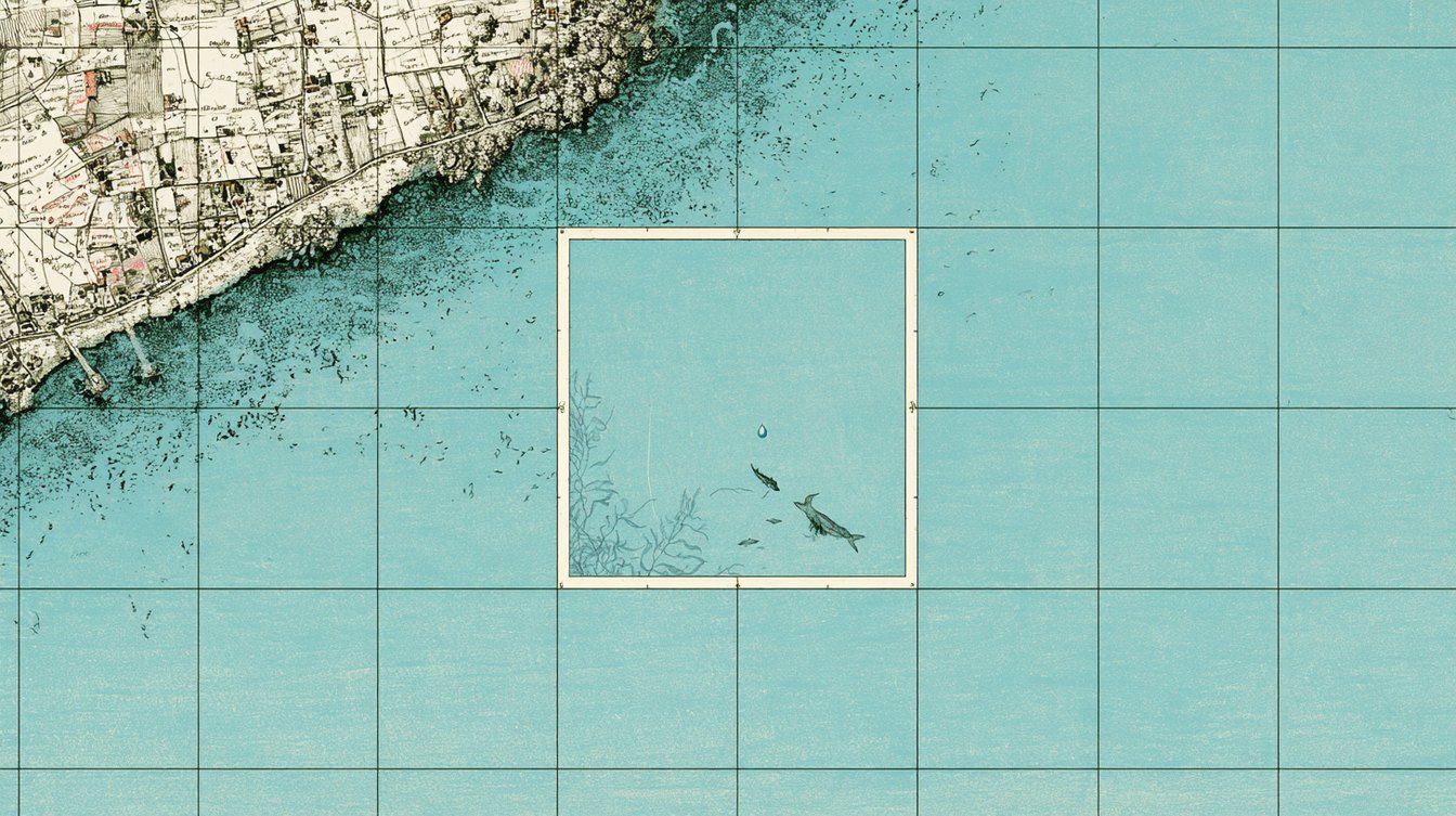 An admiralty-style chart: densely mapped land at one corner giving way to open, almost unmarked water, with a single surveyed square outlined over the sea