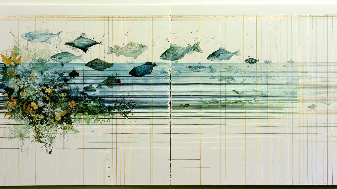 A watercolour of fish and flowering sea-plants flourishing across a faint ruled ledger of fine vertical lines