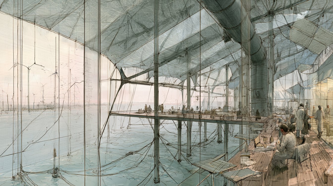 A delicate architectural drawing of an open glass-and-cable structure at sea, fine threads reaching into the water, people working at benches inside, the ocean visible all around