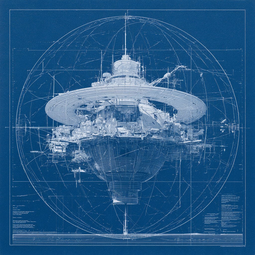 A blueprint of a sealed space station enclosed in a protective sphere, every line bent to holding the outside world at bay