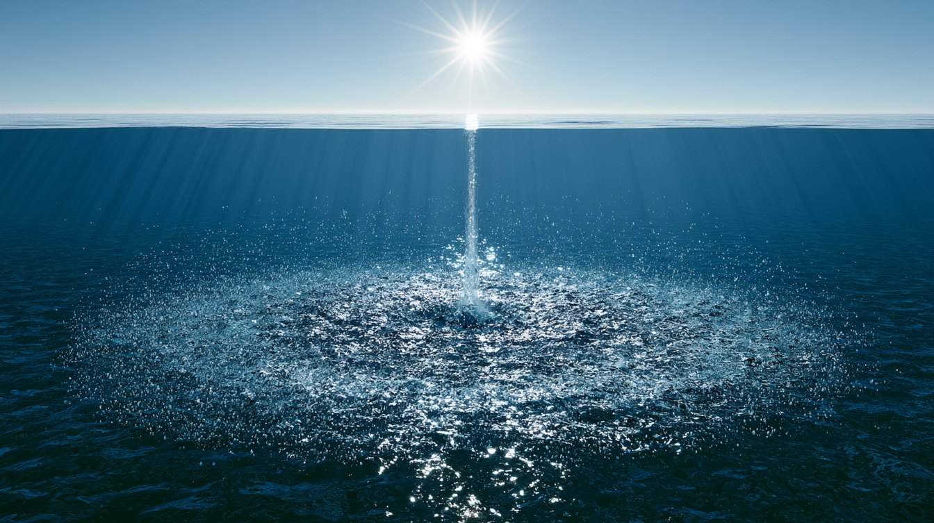 Sunlight pouring through the surface of an open ocean and fanning down into the deep