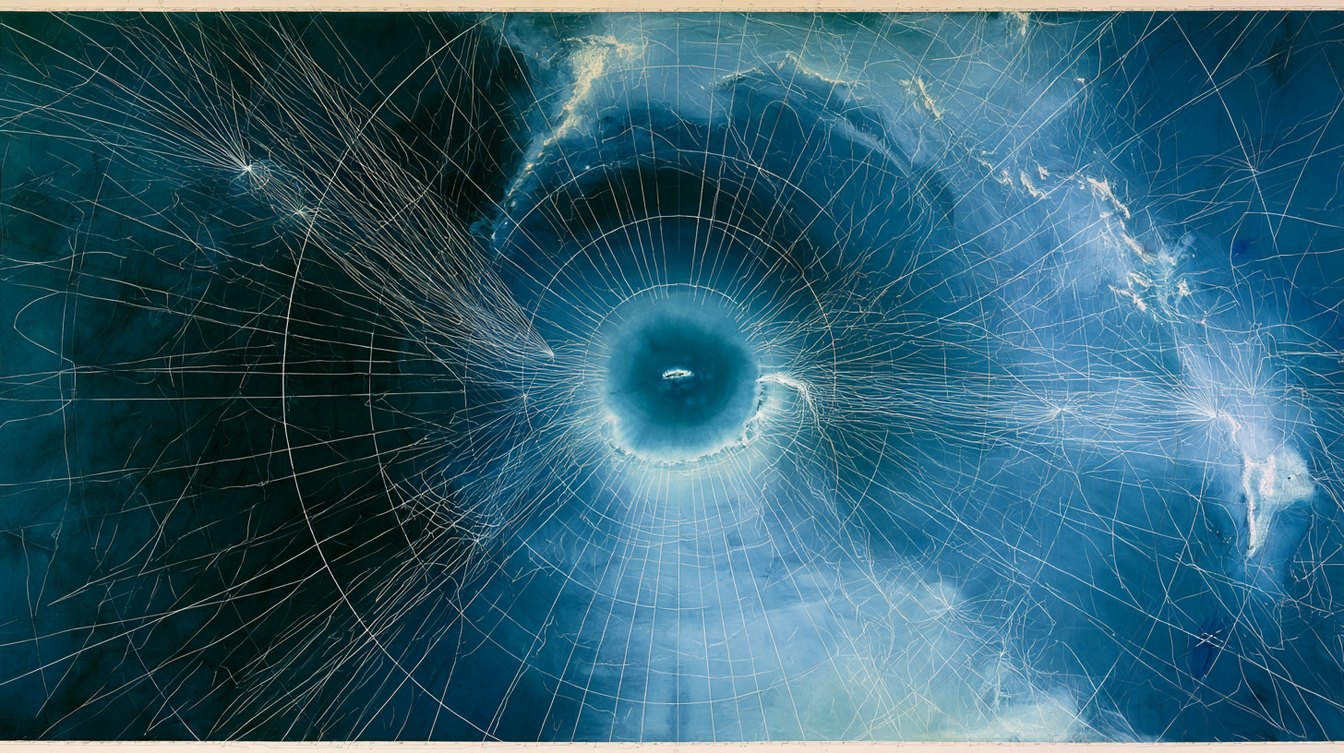 A map centred on a single small Pacific atoll, fine lines radiating out across the ocean to distant shores all around the world