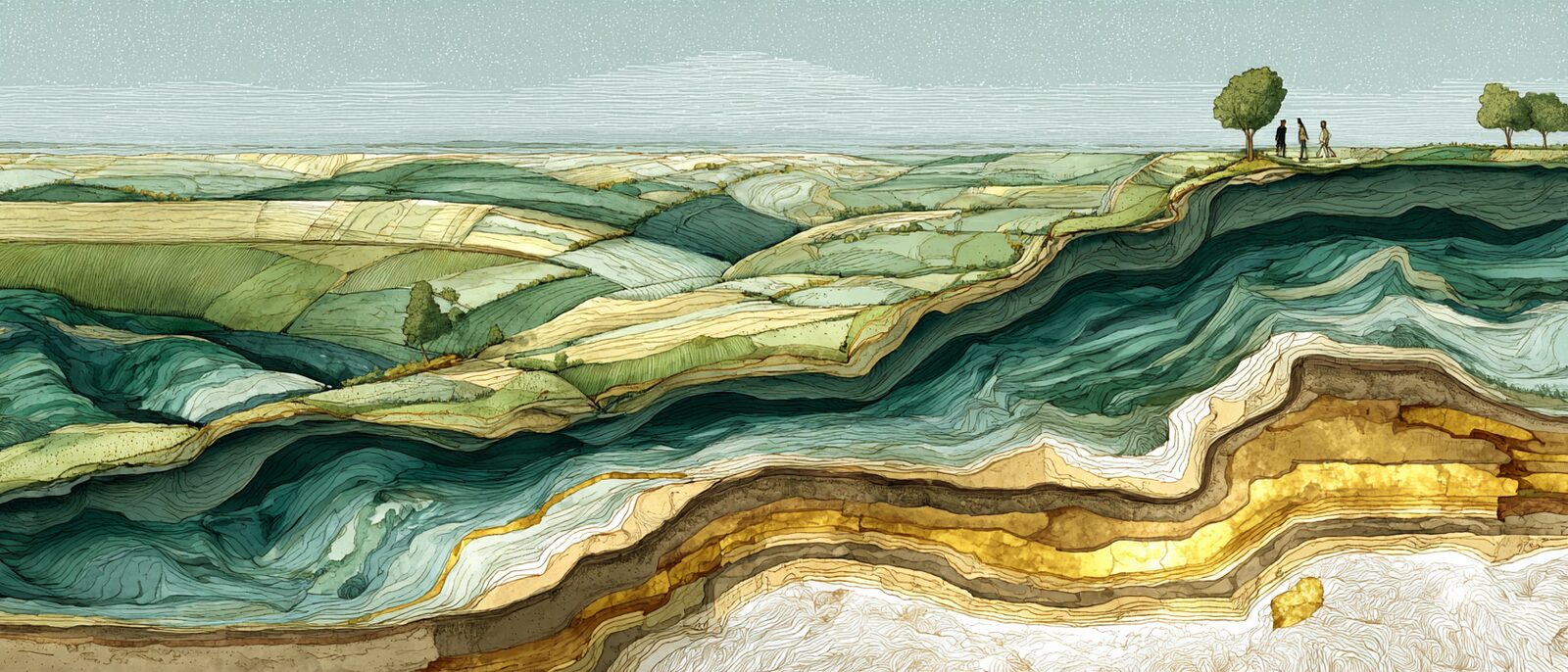 A cross-section of a green Welsh hillside, ordinary above, and beneath the surface a warm hidden glow of stored energy and value — faint seams of gold light, gas, carbon and nutrients held in the earth