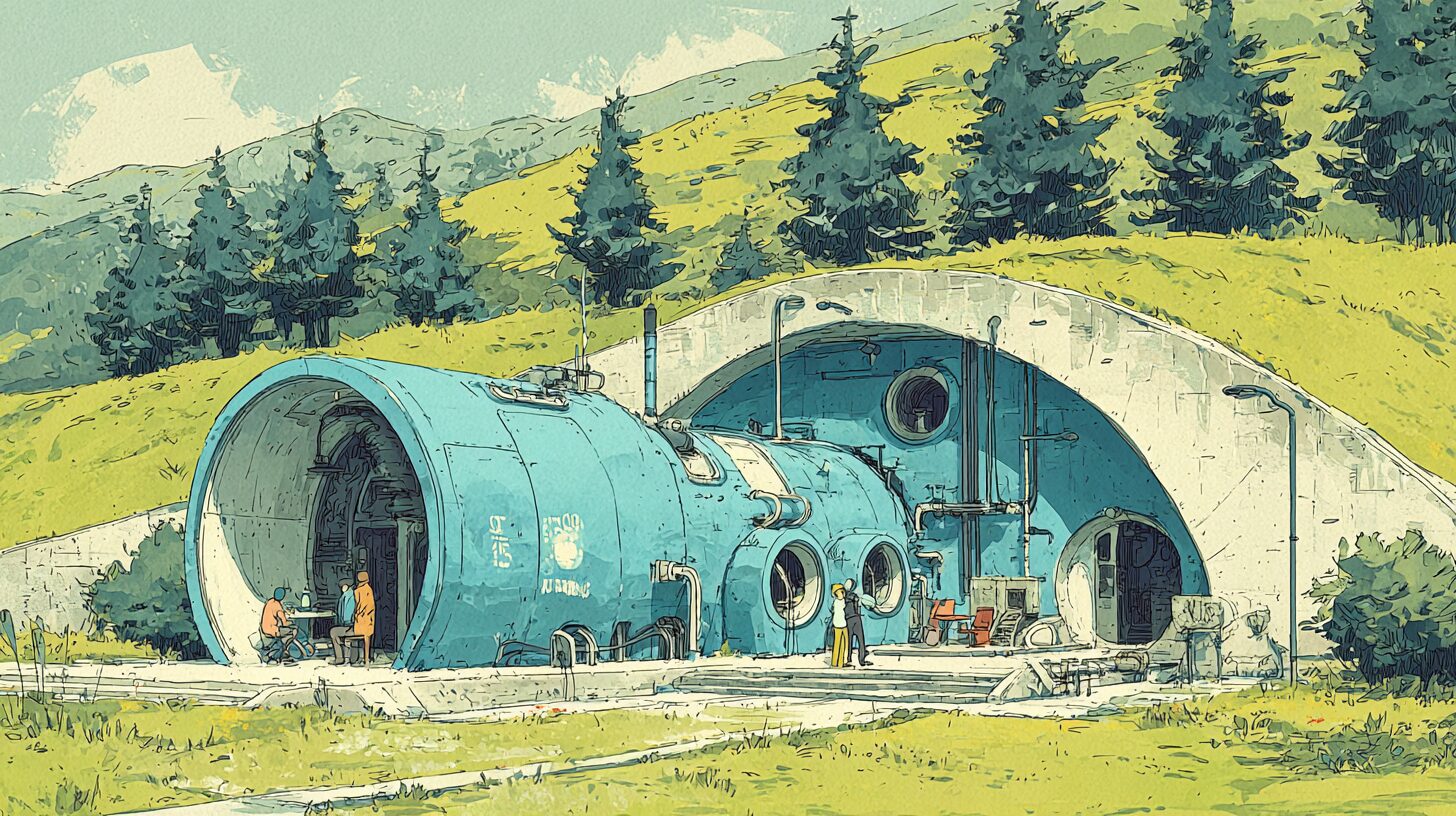 A neat engineered cell set into a green hillside — a bounded pod of contained material with sensors, pipes and instruments, quietly productive