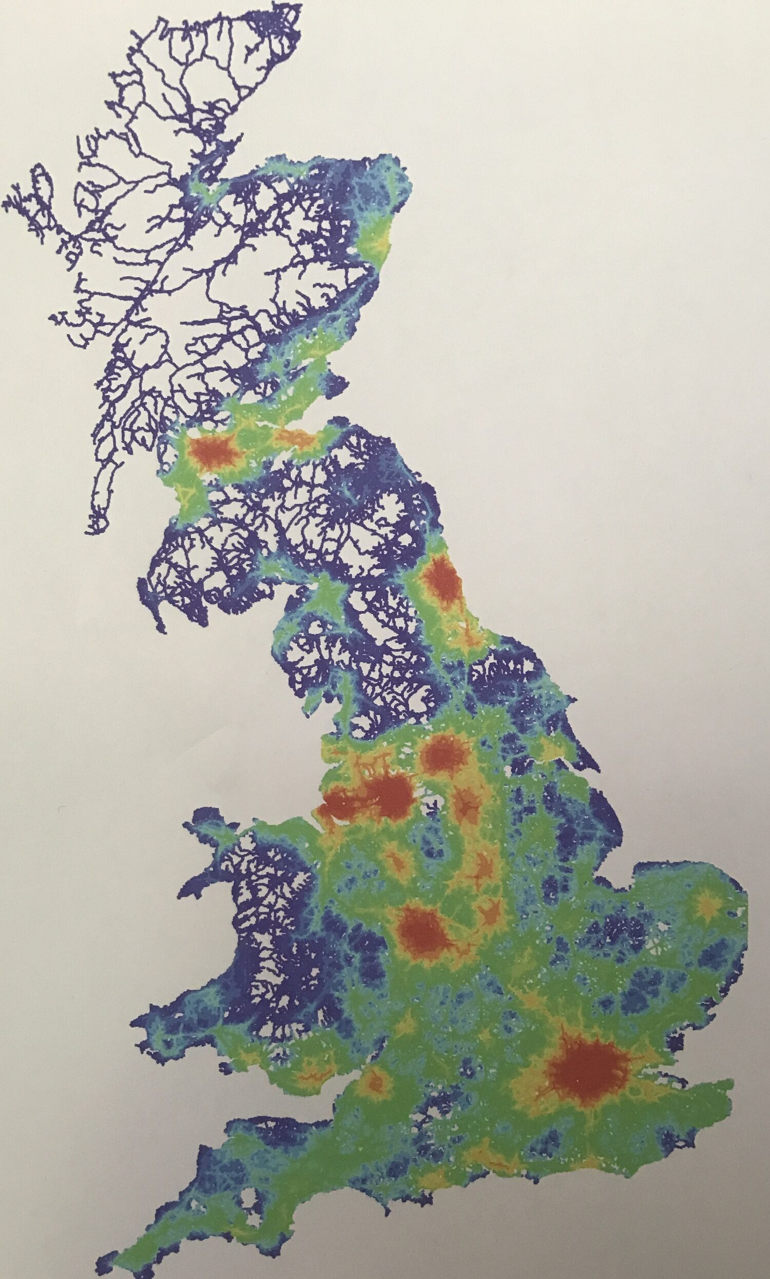 A connectivity-density map of Britain: London blazing in the south-east, a ring of warm density forming around the Peak District, Scotland thinning to fine line-work