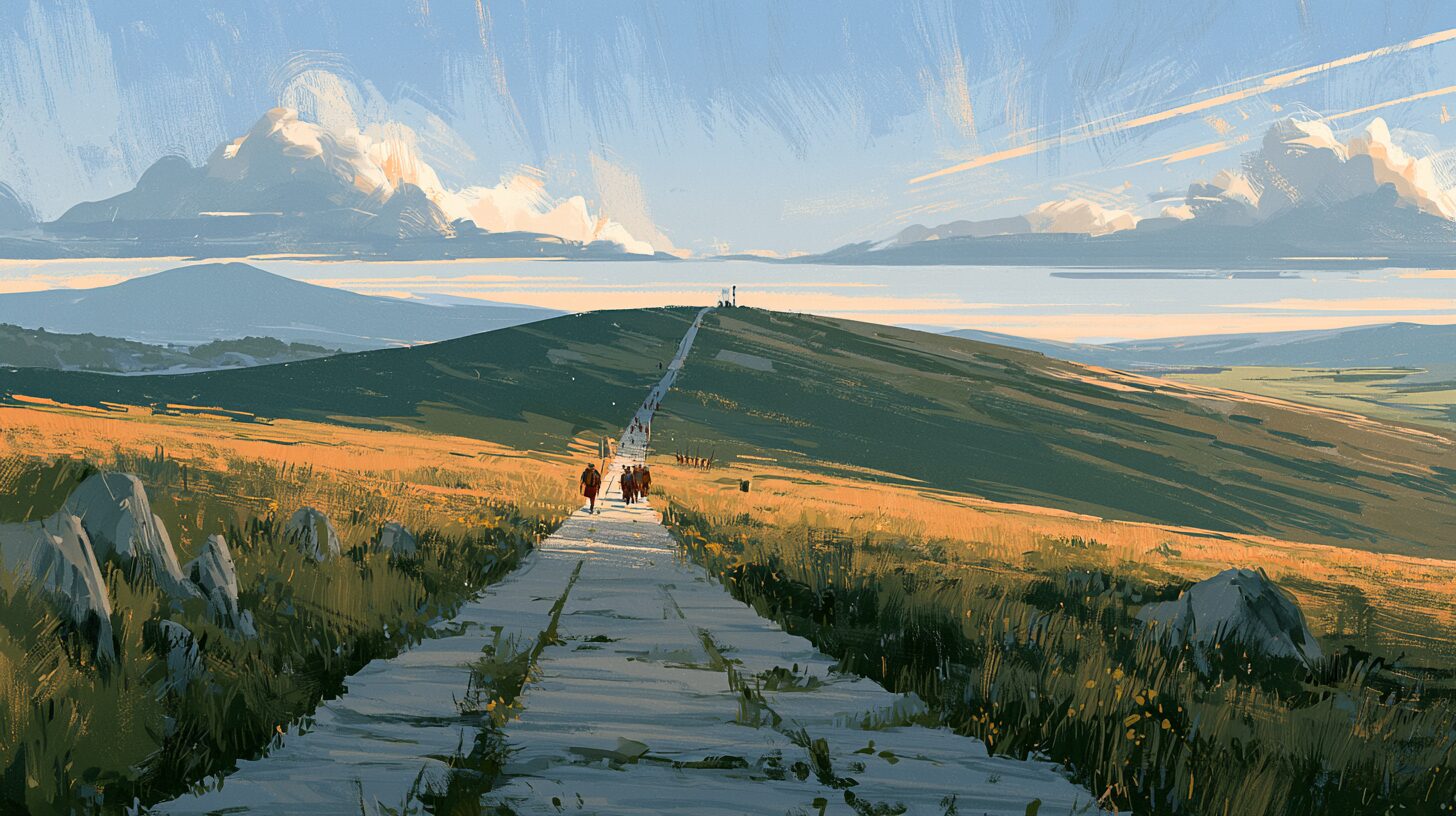 A long straight Roman road driving across rolling country toward distant hills, surveyed dead-level, tiny figures upon it