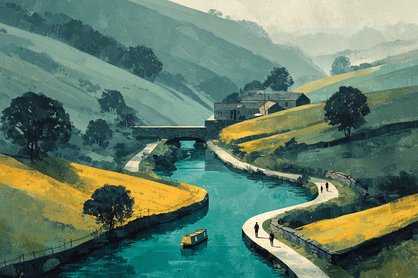 A canal threading along the contour of a green valley, a stone lock and a horse-drawn narrowboat, a mill in the middle distance