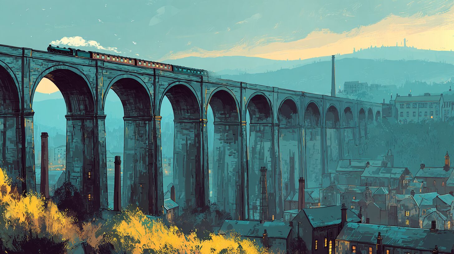 A grand multi-arched railway viaduct striding across a northern industrial valley at golden hour, competing lines weaving at different levels, a steam train passing