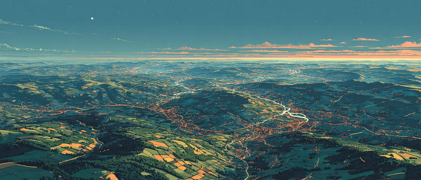 A high wide view at golden hour of a constellation of northern cities in green country, linked by glowing threads of roads, rails and rivers into one continuous fabric encircling the dark central uplands