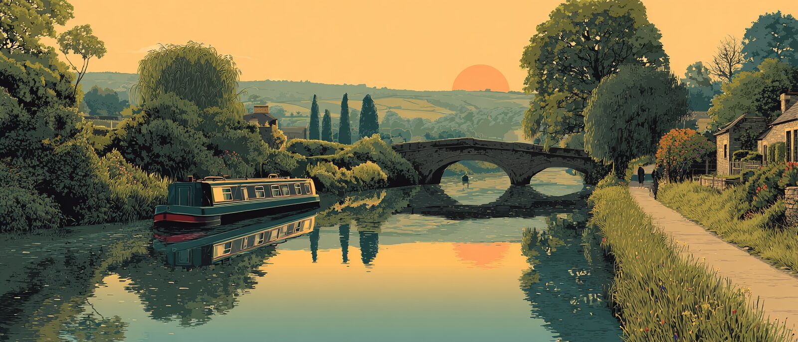 A quiet British canal threading through a green landscape at golden hour, a narrowboat passing a lock and stone bridge