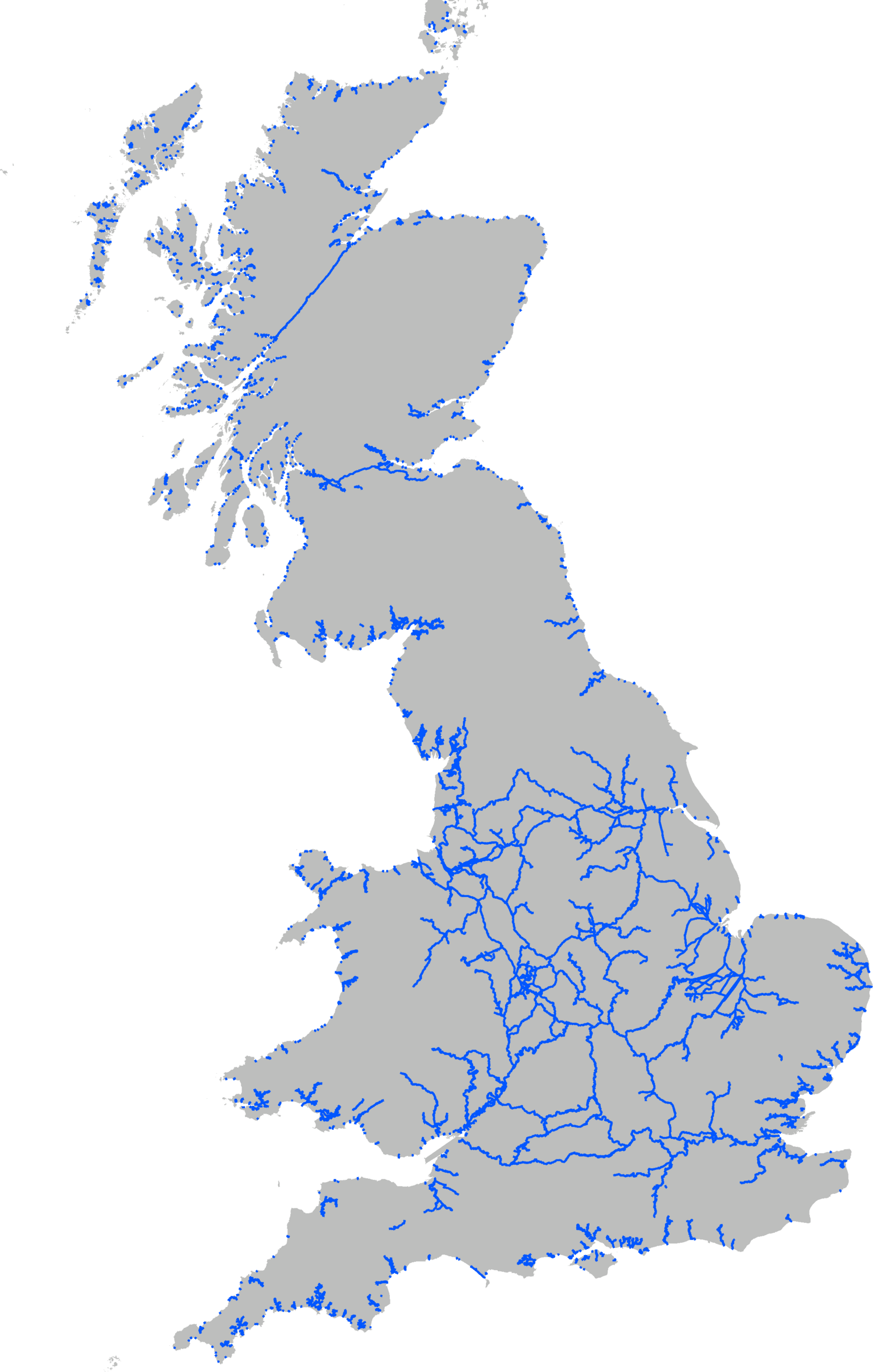 A map of Britain's canal and navigable waterway network rendered as fine blue threads, densest across the Midlands and the South