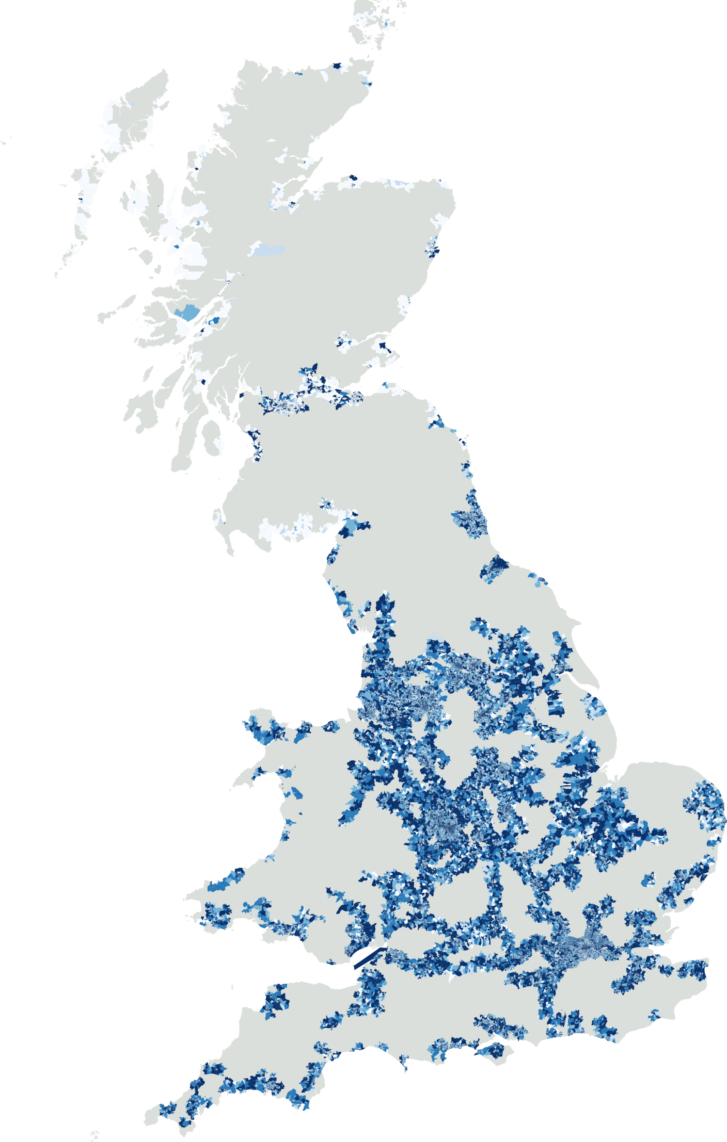 A choropleth map shading how much population lives within cycling distance of the waterway network, concentrated across the Midlands and South East