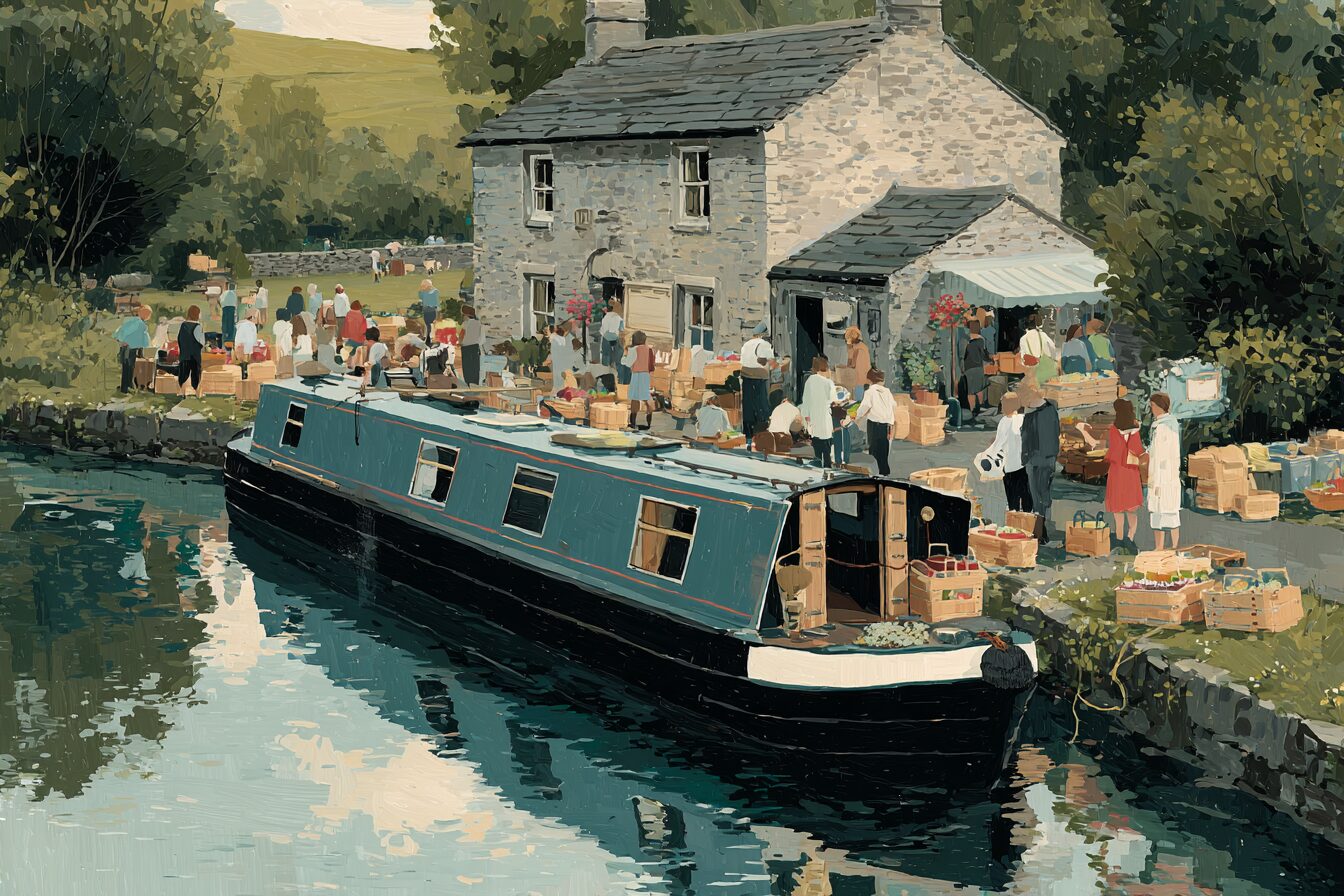 A narrowboat drawn up at a village towpath as a two-way marketplace, goods unloaded and local produce and crafts loaded aboard, a small community gathering at the water's edge