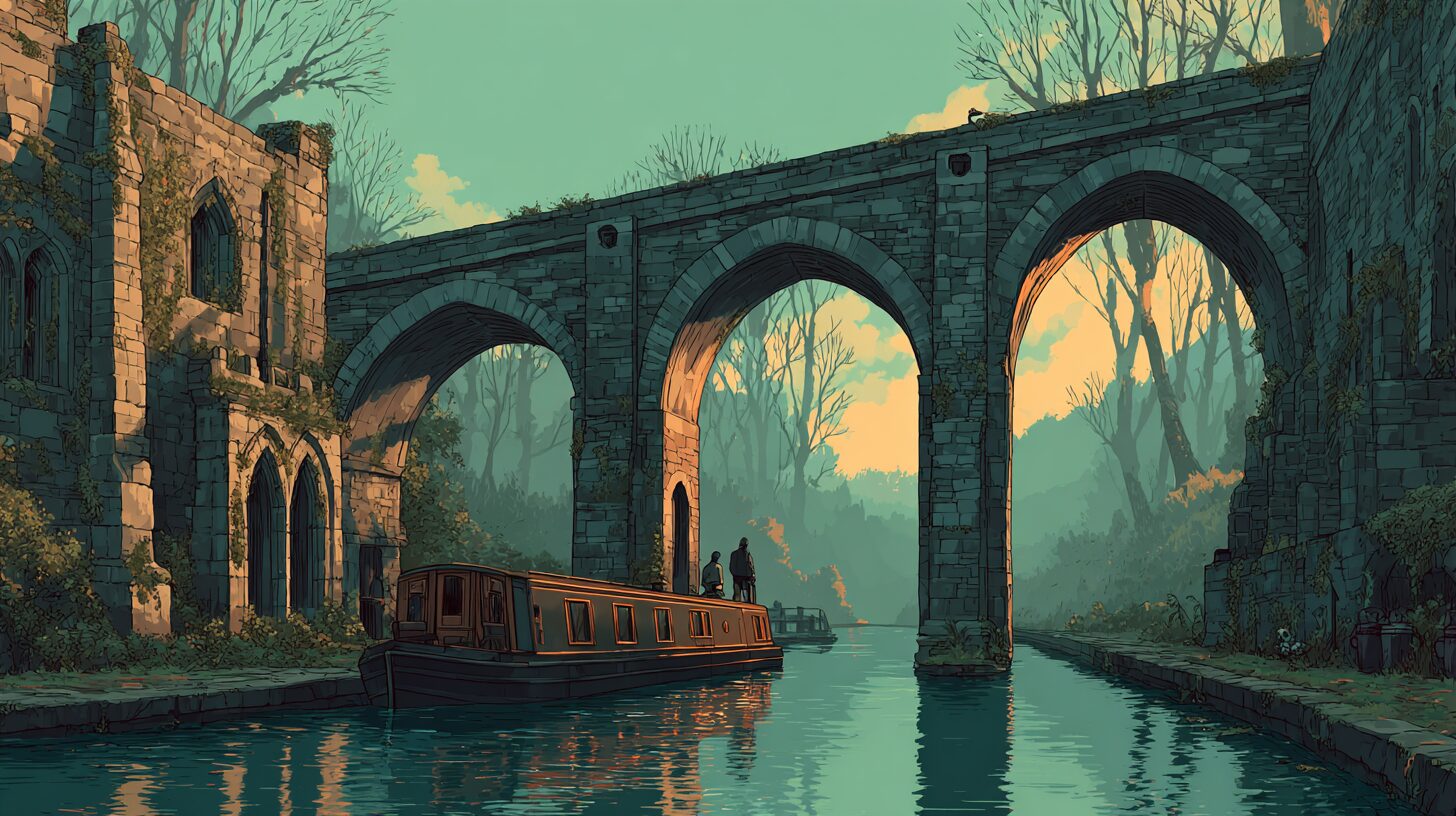 A dusk scene of an old stone canal and lock quietly alive with new purpose, a clean boat passing and a faint luminous layer of data threaded along the towpath