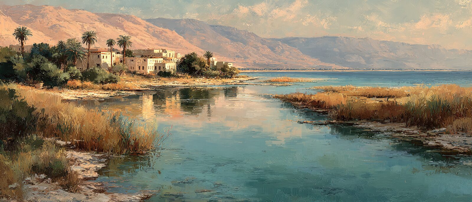 A serene sunset over the lower Jordan Valley and the river winding toward the Dead Sea, reeds and quiet water catching the last gold light