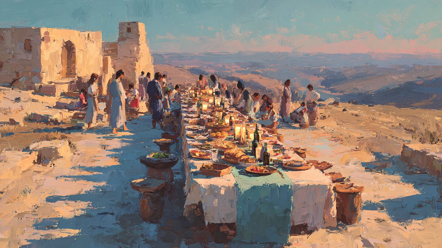 A long communal table set outdoors in a Jordanian village at golden hour, laden with local food, community and a few visitors gathered to share it, lanterns and desert hills beyond