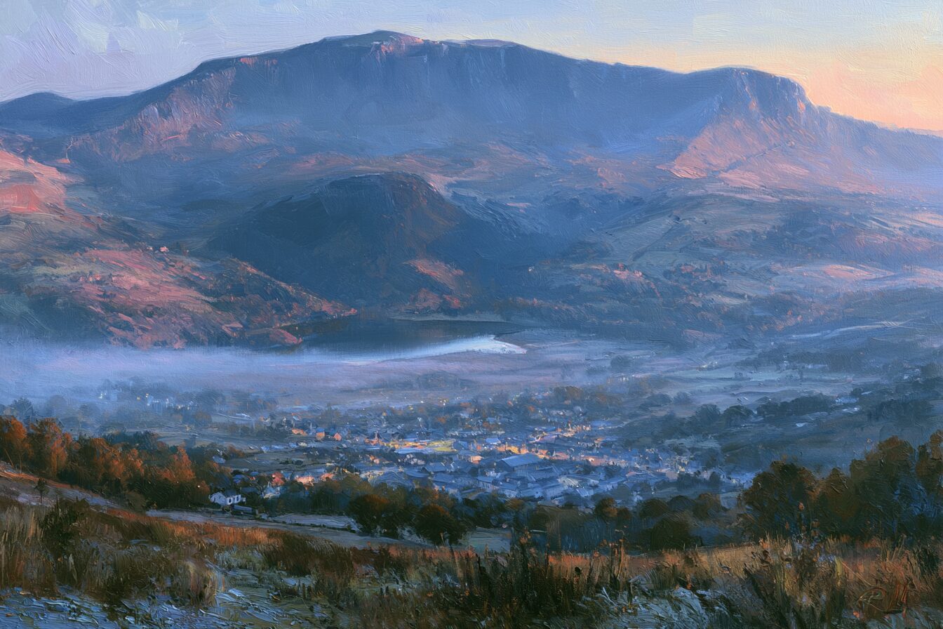 Cadair Idris above Dolgellau at dawn: the great chair-shaped massif and its dark cwm holding Llyn Cau, mist in the valley below, the town small at its foot, the whole mountain feeling watchful and old