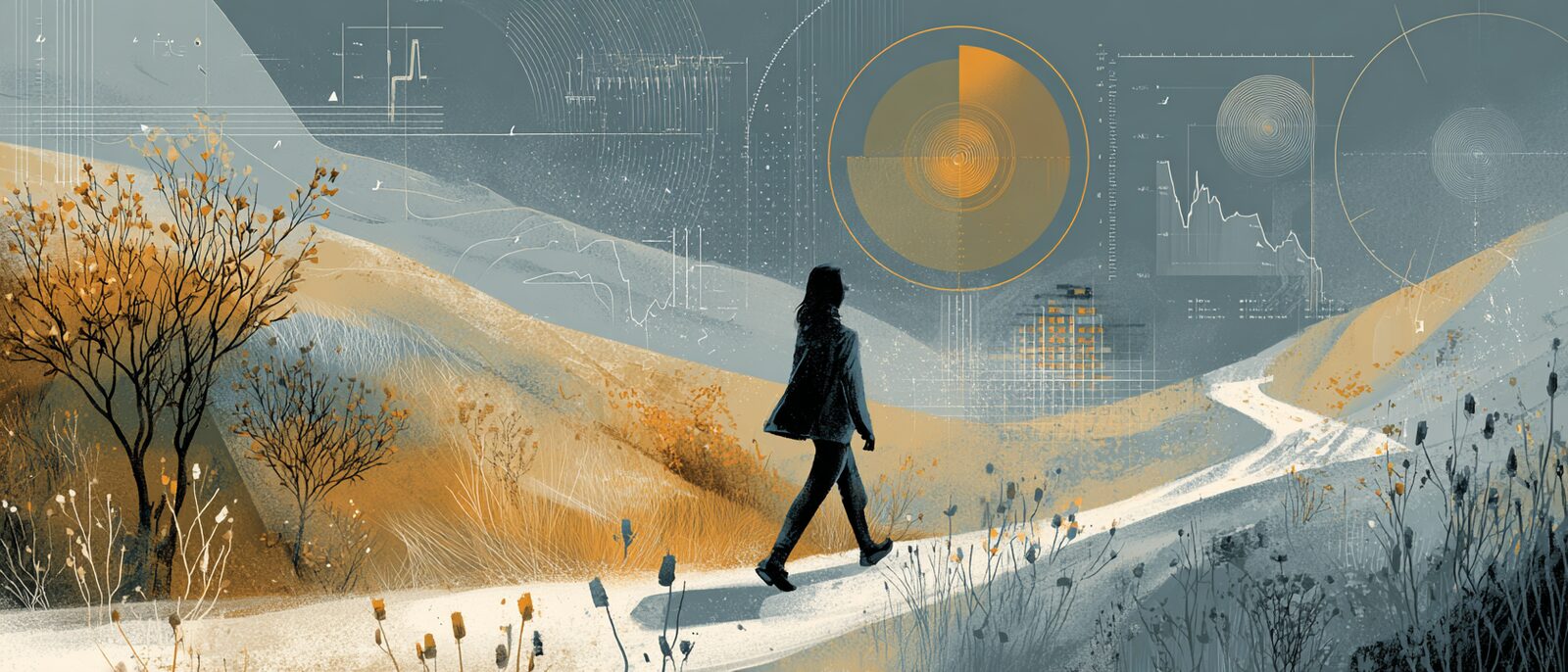 A single figure walking a quiet North Wales hillside path at gentle morning light, a soft continuous thread-line of life-signals rising and falling alongside them