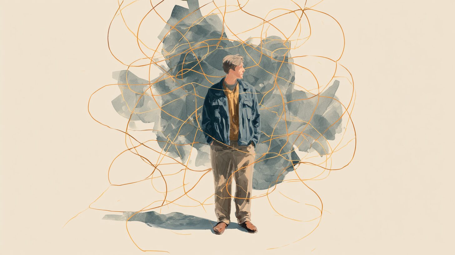 A single figure standing calmly at the centre with fine luminous threads of personal signals — rest, movement, sleep, recovery — woven gently around them, contained and legible