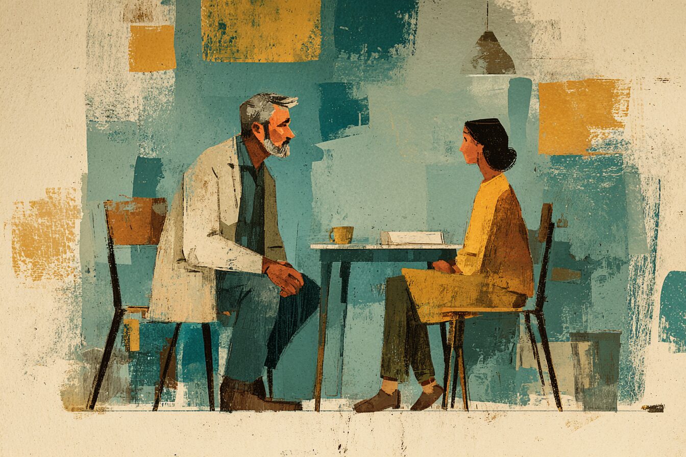 A calm, warm consultation between a patient and a GP across a small table, a single clear simple summary shared between them rather than piles of charts