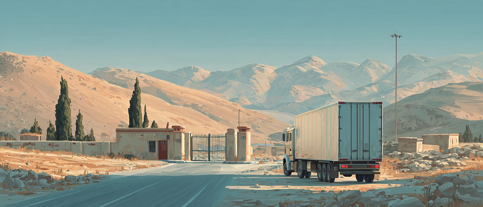 A refrigerated lorry of fresh produce halted at a quiet closed border post in a dry-region landscape, barrier down, the road ahead empty toward distant hills