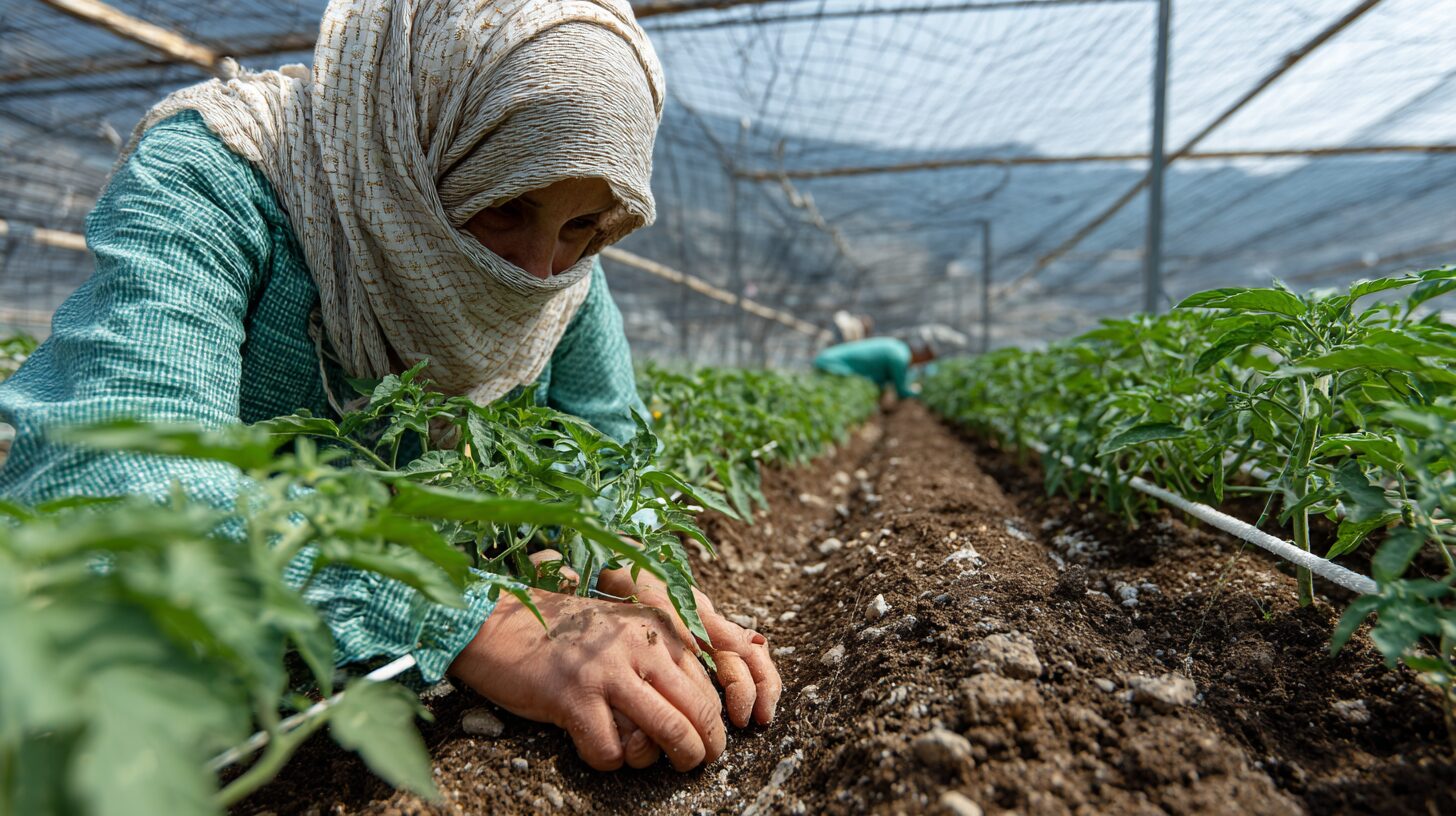 A woman in a headscarf tending tomato plants with care inside a net house, close attentive work