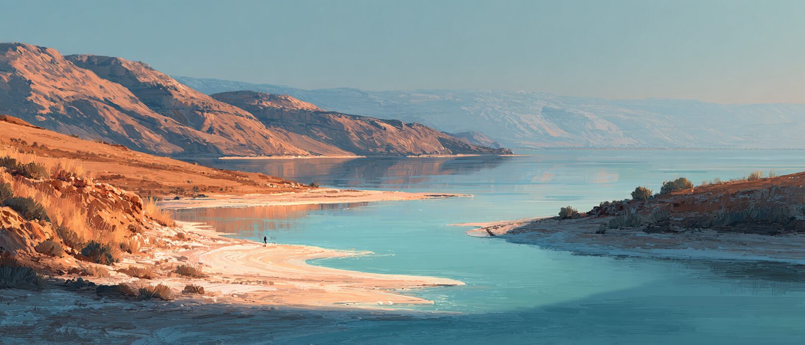 A wide view of the Dead Sea at golden hour, mineral-pale water held between steep desert escarpments, salt crusts at the shoreline catching the light