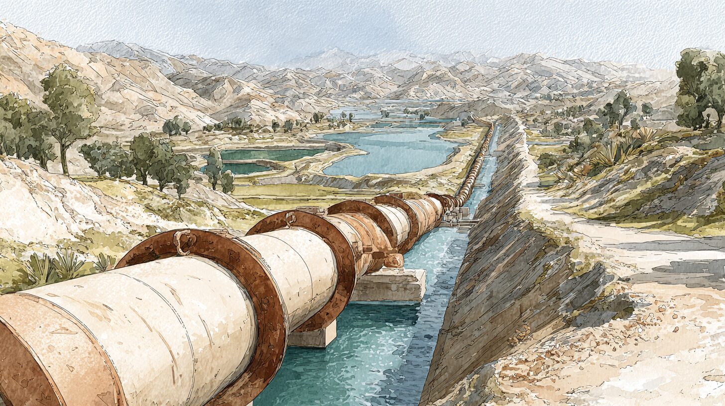 A great engineered conveyance carrying sea water across the desert from the Gulf of Aqaba toward the Dead Sea, saline ponds and clean-energy arrays alongside