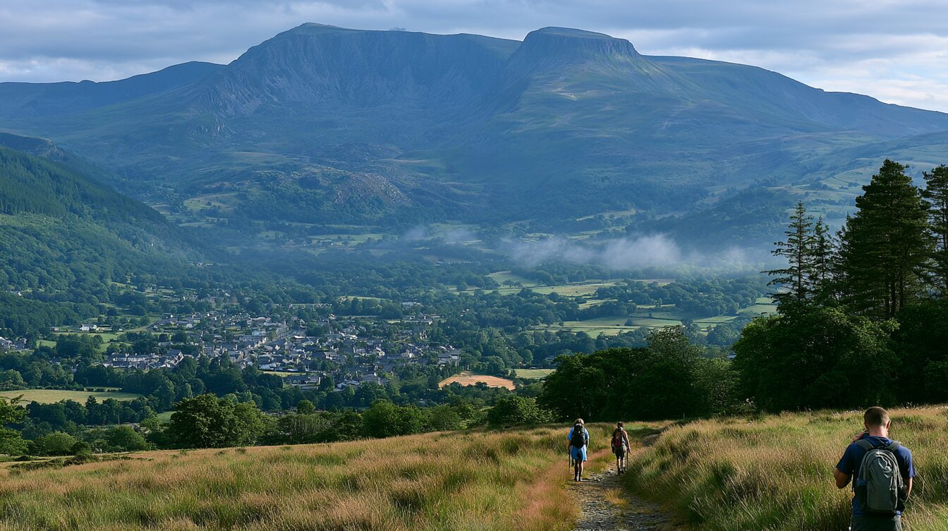 The foot of Cadair Idris on a bright June morning: the mountain rising over Dolgellau and the valley, walkers setting out on the path, the town below — a real place that a screen elsewhere is busy describing