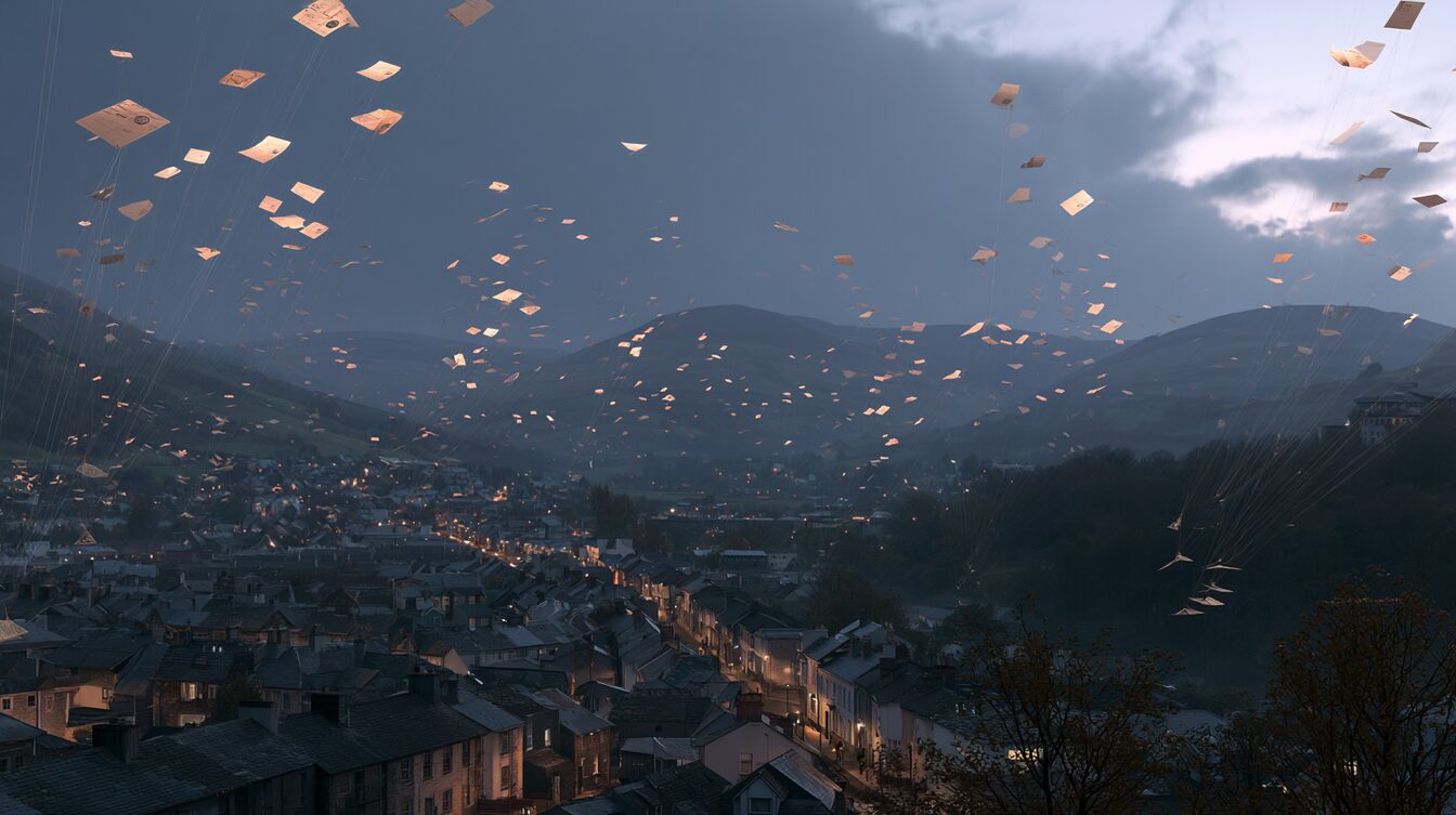 A warm illustration of a Welsh valley town rendered as living layers of local knowledge: trail-status, parking, opening hours and conservation projects shown as softly glowing cards above the rooftops, each stamped with a small mark of who checked it and when, threads connecting them to the people on the ground