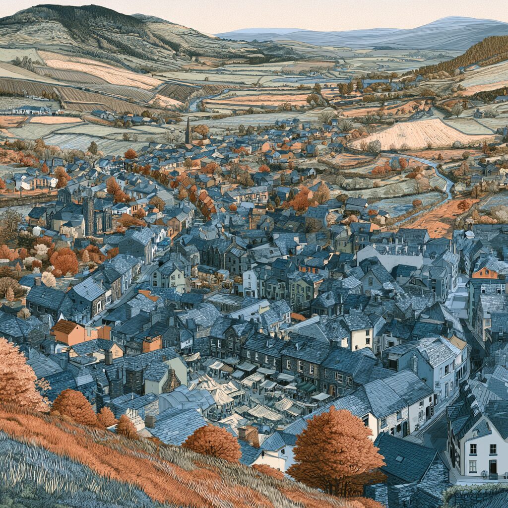 A Welsh market town on market day seen from the hill above: a tight cluster of stone streets around a square full of stalls, lanes and old footpaths radiating out across fields and farms into the surrounding hills, the hinterland it serves