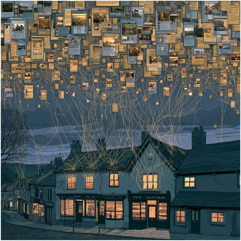 A market town rendered as a living network: shopfronts, a bank, two butchers, a pub, linked by fine glowing threads to web pages, photographs and reviews floating above, some shops brightly connected and some dark and unlinked