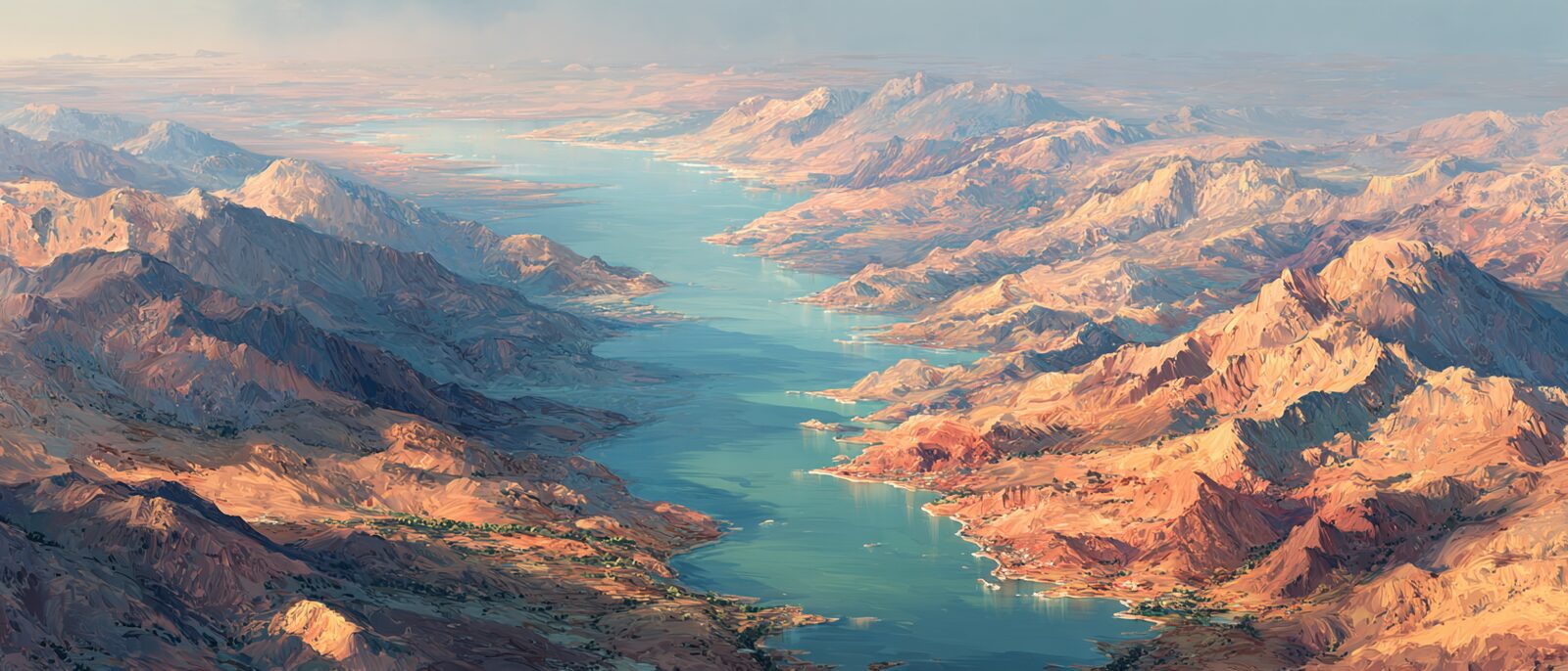 A high aerial view of the Jordan Rift Valley at golden hour — the Gulf of Aqaba, the Ghor and the pale Dead Sea threading north between desert mountains and sea