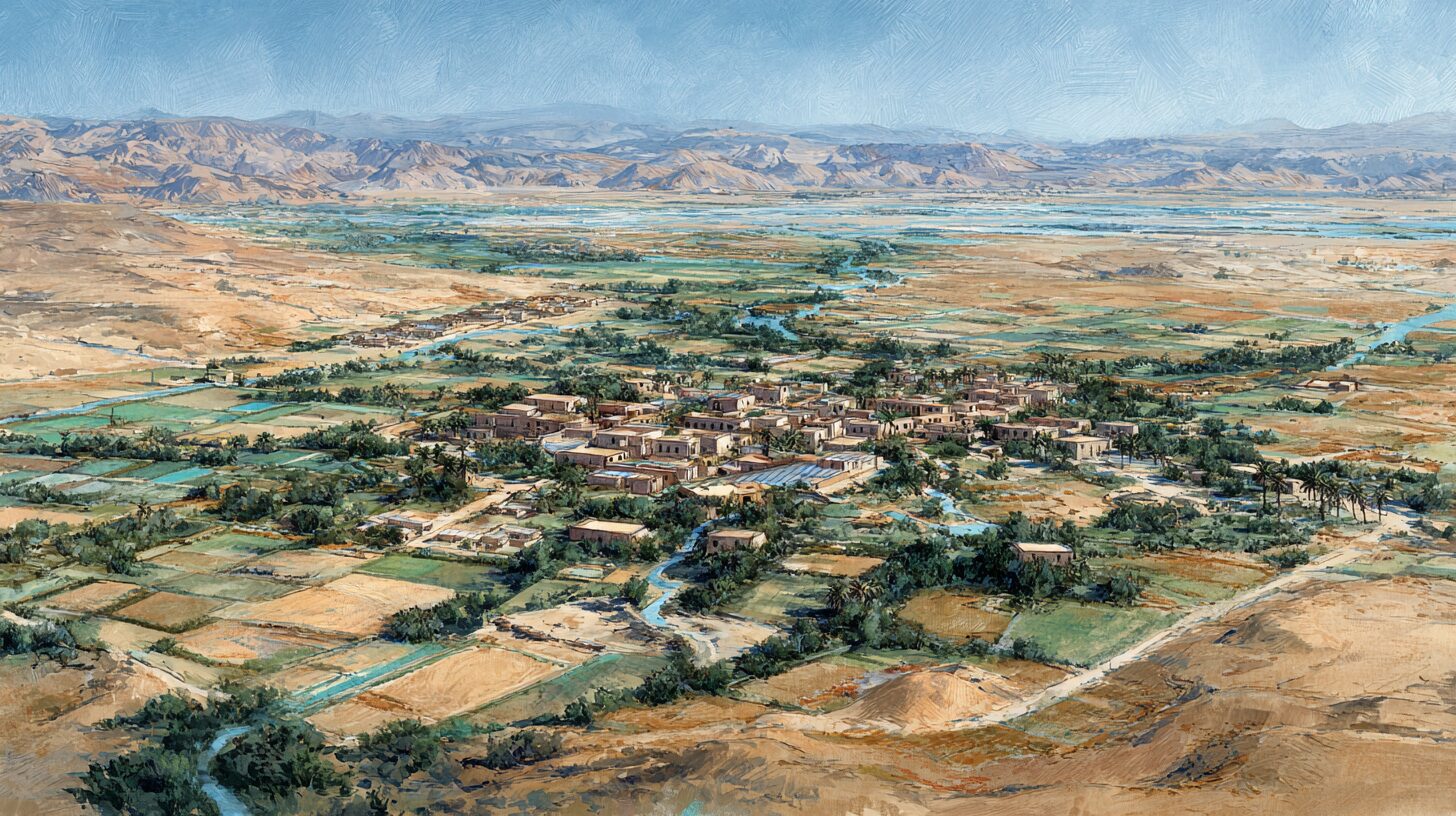An aerial view of a new productive settlement woven into the valley — net houses, fields, water channels, solar arrays and a community laid out together as one working system