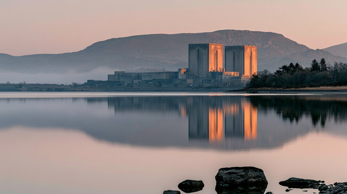 The Trawsfynydd nuclear station seen across Llyn Trawsfynydd at dusk, its two grey reactor blocks reflected in the still water, the mountains of Eryri behind, the whole scene quiet and watchful