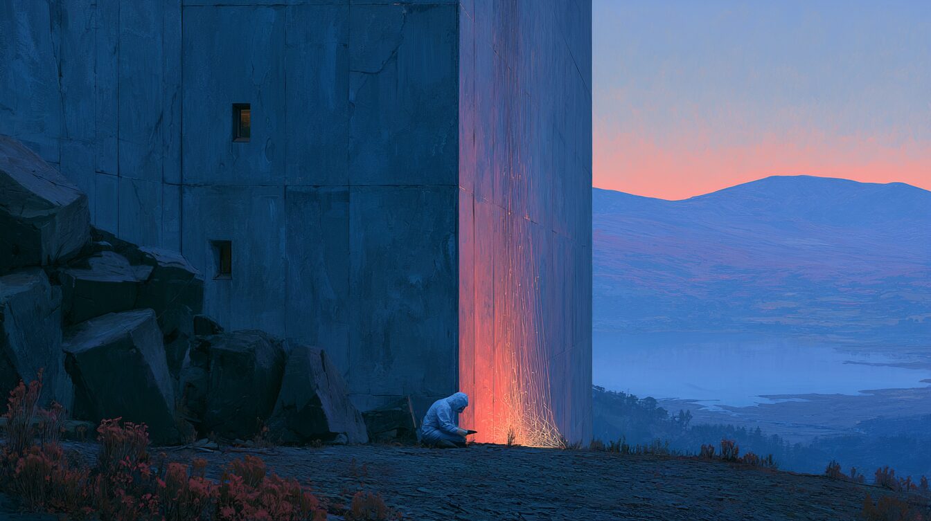 A warm illustration of decommissioning as a ritual of care: figures in modern protective gear working with patience around the base of a reactor building under low light, threads of glowing light being gathered and laid to rest, the lake and mountains beyond